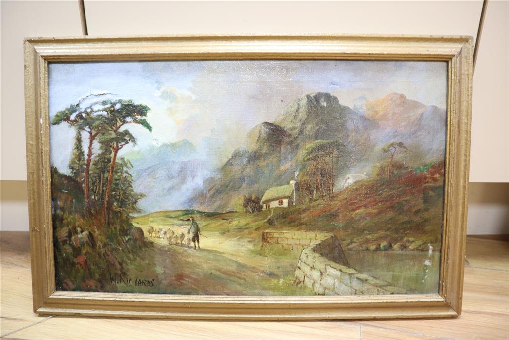 W. Richards, oil on canvas, Shepherd and flock passing a cottage, signed, 29 x 49cm
